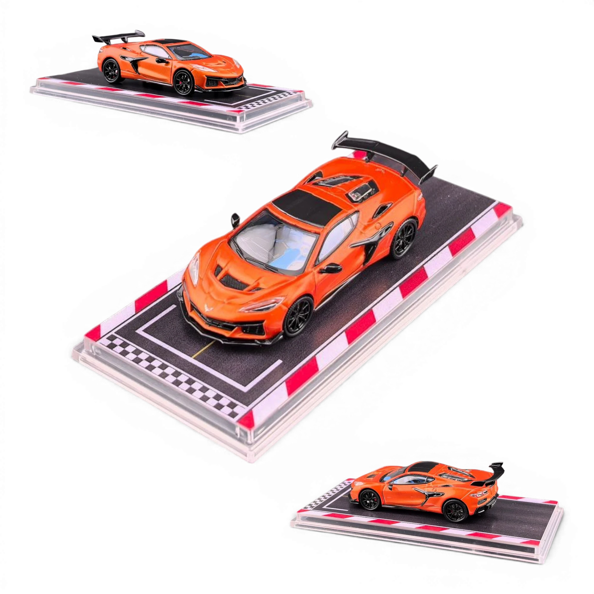 Lot57Supplies Diecast Shop 1:64 scale metallic flame orange Corvette C8 ZR1 diecast model with rubber tires and silky bearing wheels.