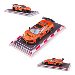 Lot57Supplies Diecast Shop 1:64 scale metallic flame orange Corvette C8 ZR1 diecast model with rubber tires and silky bearing wheels.