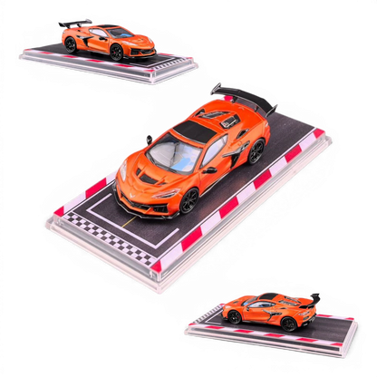 Lot57Supplies Diecast Shop 1:64 scale metallic flame orange Corvette C8 ZR1 diecast model with rubber tires and silky bearing wheels.