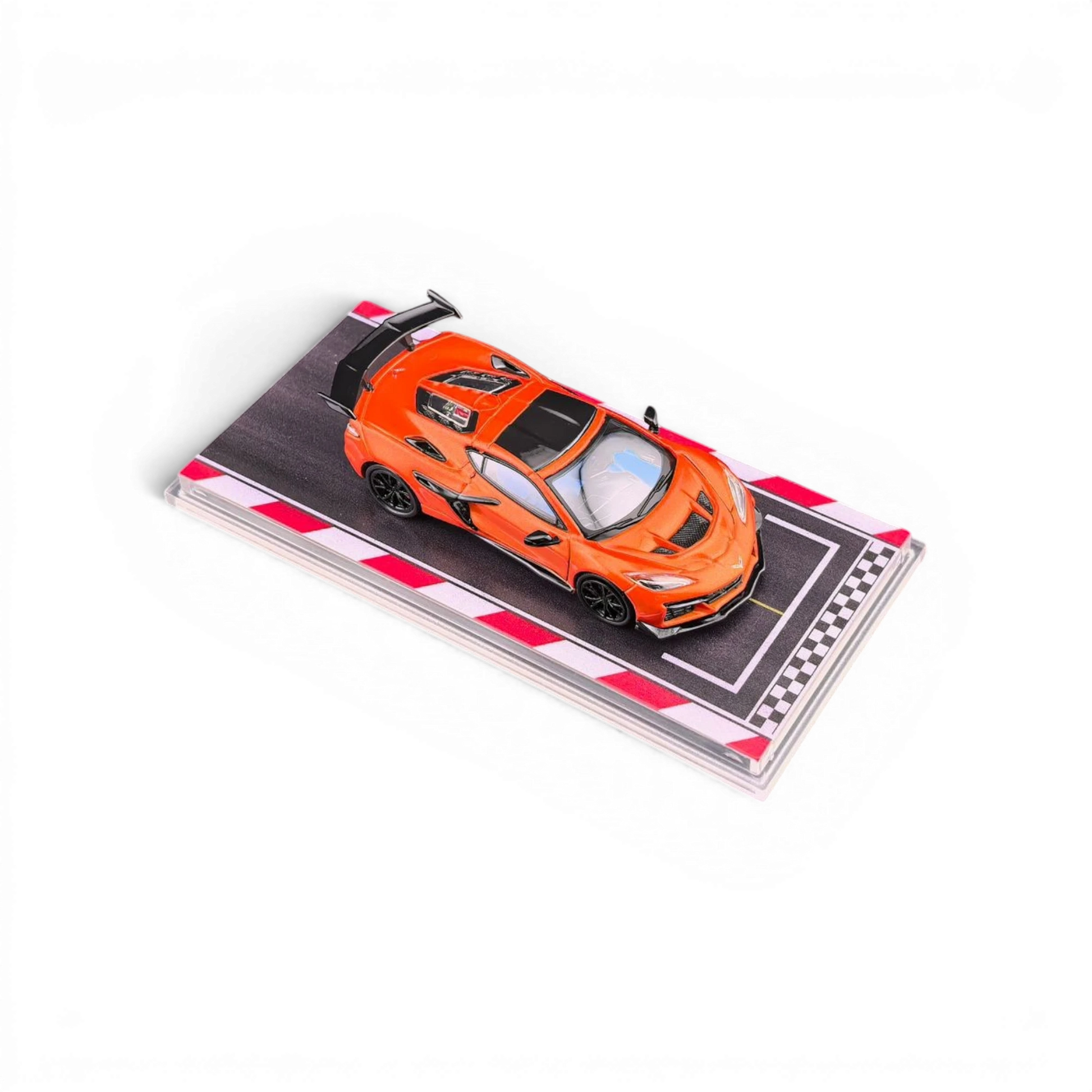 Lot57Supplies Diecast Shop 1:64 scale metallic flame orange Fine Works 64 Corvette C8 ZR1 diecast model with rubber tires and silky bearing wheels.