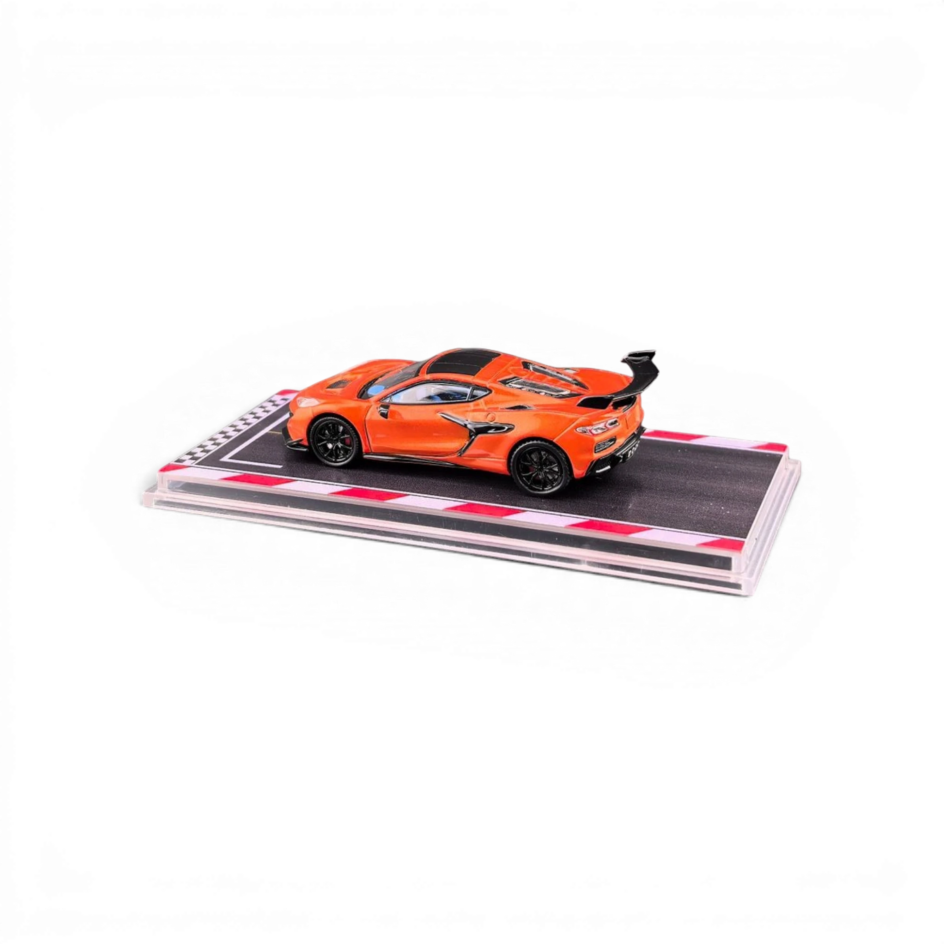 Lot57Supplies Diecast Shop 1:64 scale metallic flame orange Fine Works 64 Corvette C8 ZR1 diecast model with rubber tires and silky bearing wheels.