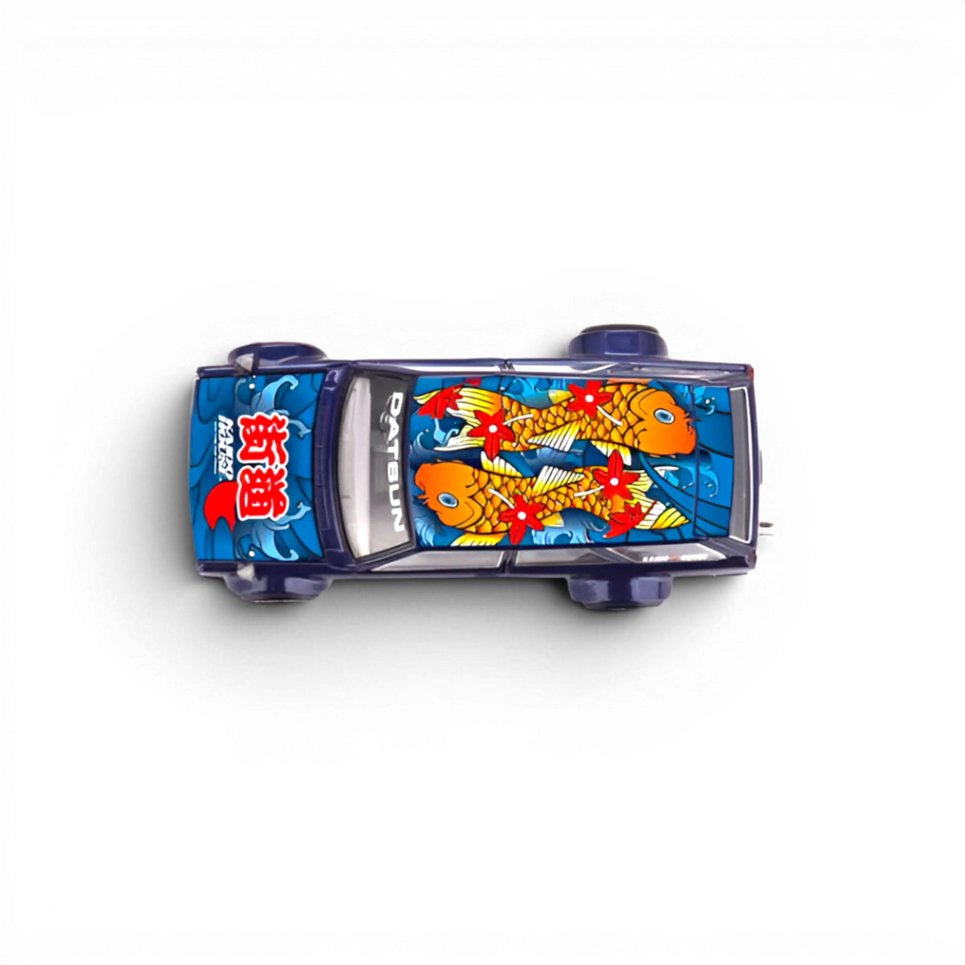 Lot57Supplies Diecast Shop Mini GT x Kaido House Datsun 510 Wagon Koi V1 diecast car, top view with koi fish art.