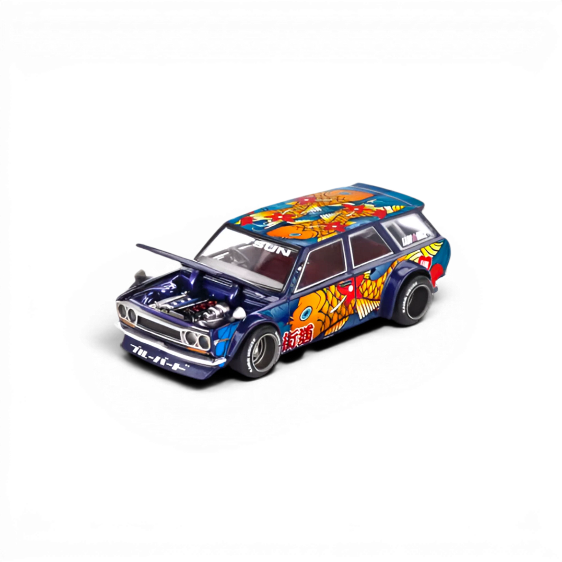 Lot57Supplies Diecast Shop Mini GT x Kaido House Datsun 510 Wagon Koi V1 diecast model with blue koi fish graphics