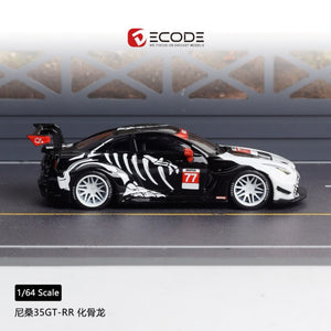 Lot57Supplies Diecast Shop Decode LB 35GT-RR Nissan diecast model car with white wheels and high wing in 1:64 scale