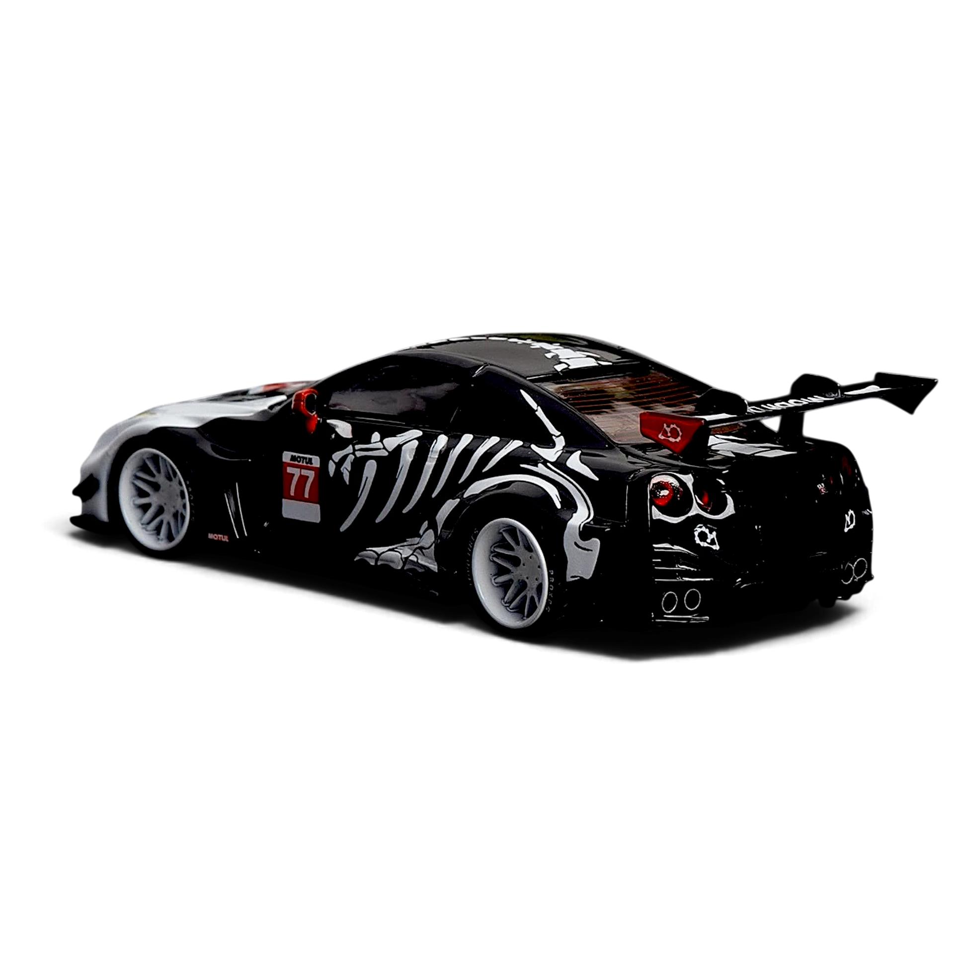 Lot57Supplies Diecast Shop Decode LB 35GT-RR Nissan diecast model car with white wheels and high wing in 1:64 scale