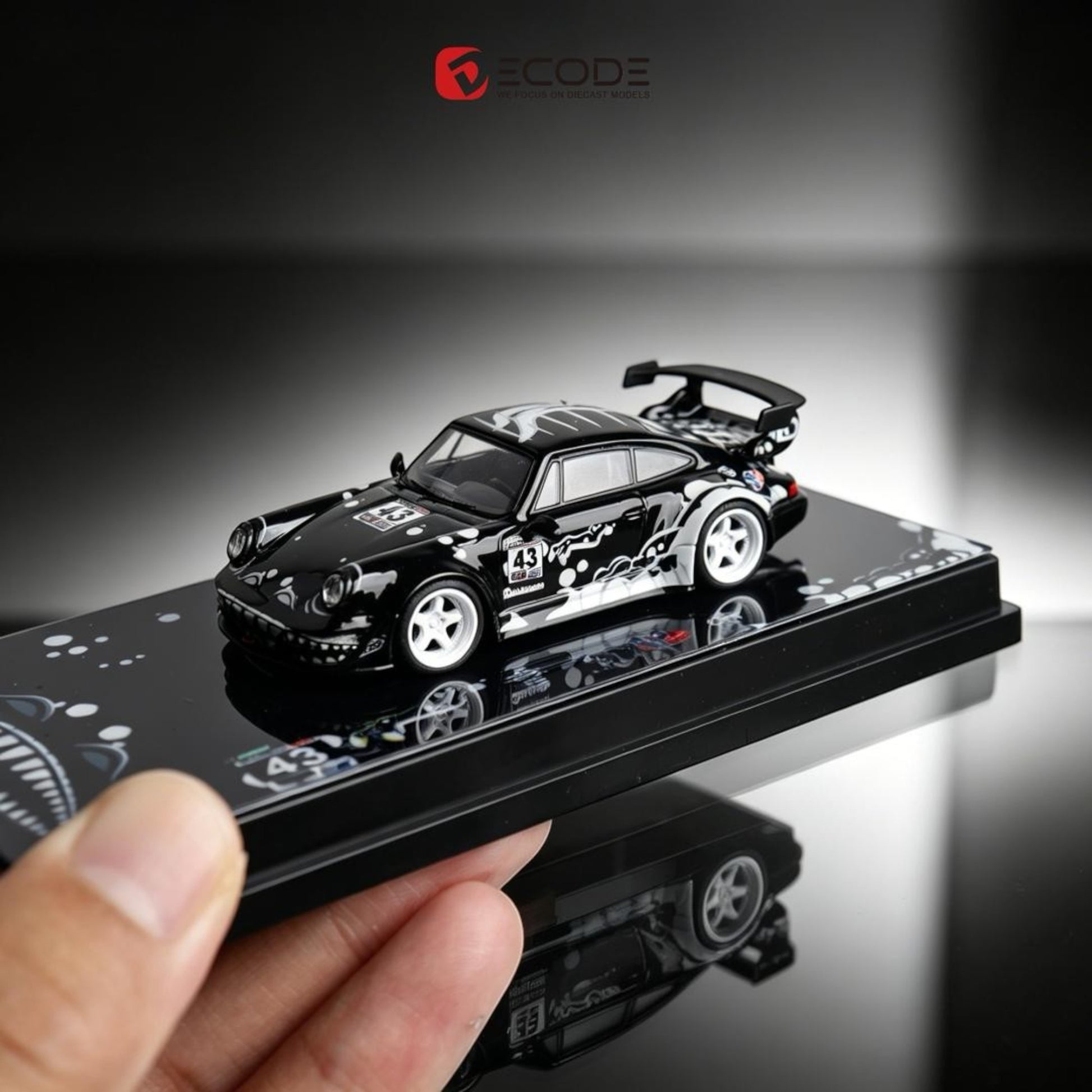 Lot57Supplies Diecast Shop Decode RWB 964 Black Dragon 1:64 scale diecast car with white wheels and custom graphics