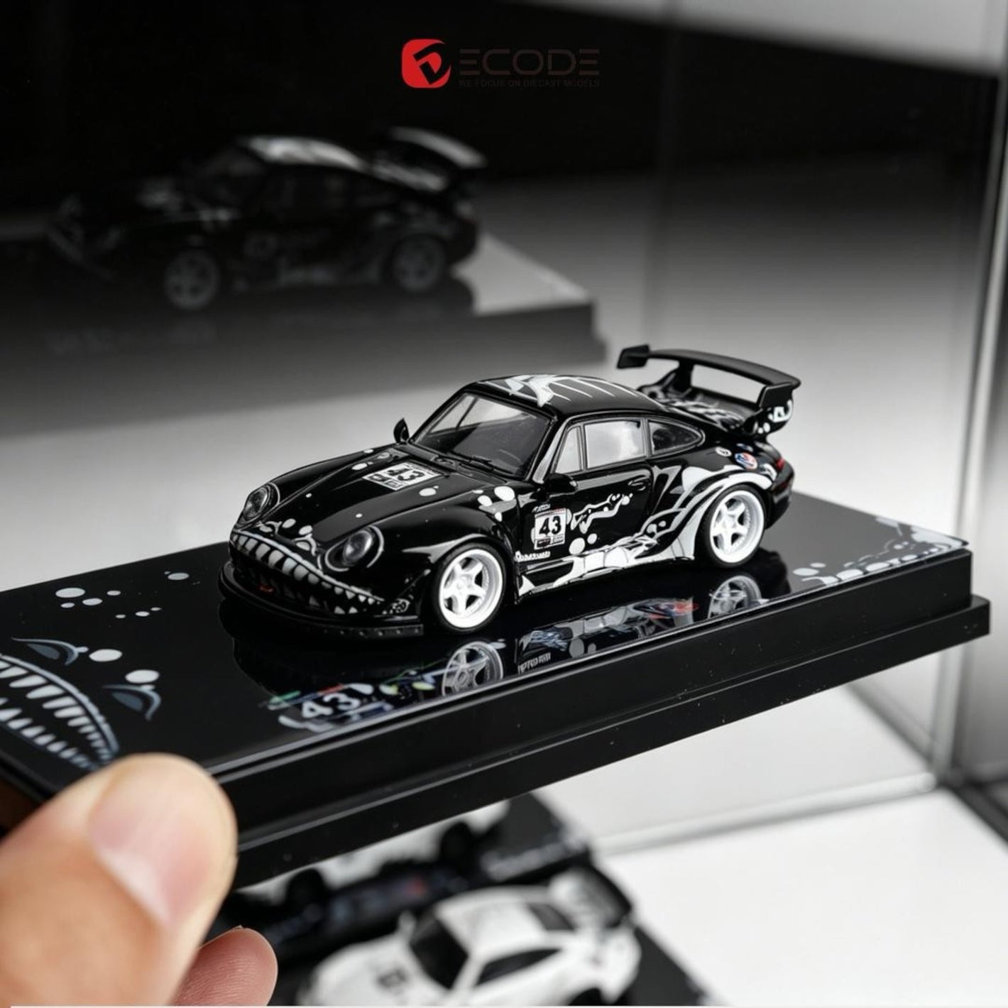 Lot57Supplies Diecast Shop Decode RWB 993 Black Dragon 1:64 scale diecast model car with custom racing livery