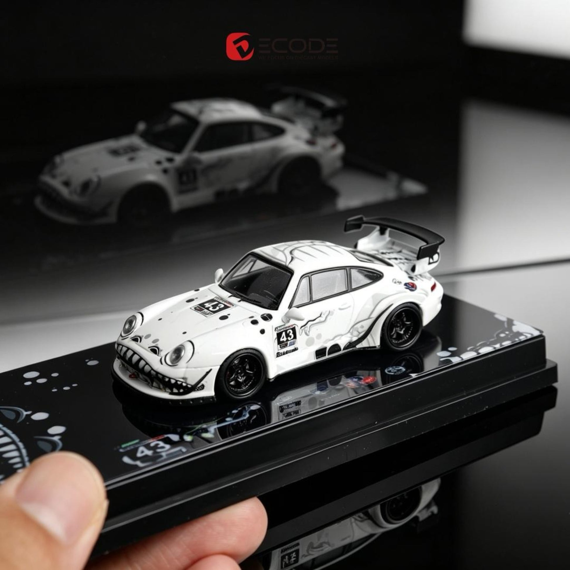 Lot57Supplies Diecast Shop Decode RWB 993 White Dragon 1:64 scale diecast model car with custom graphic livery