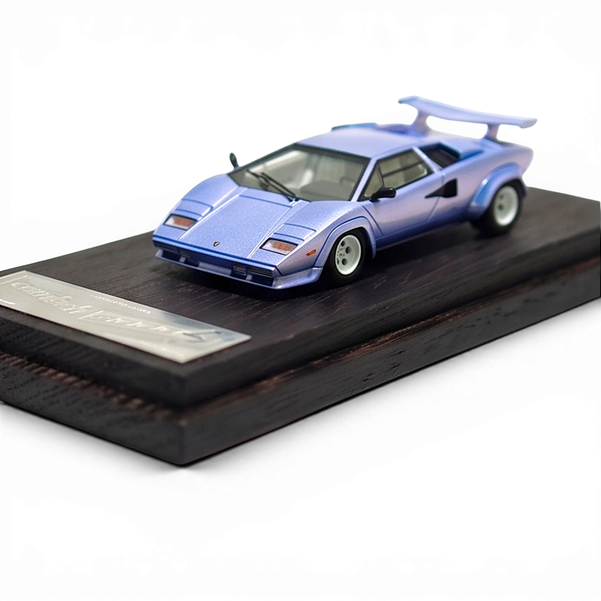 Lot57Supplies Diecast Shop DeepMaker Countach 5000S resin model car in Alba Blue on a dark wooden display base.