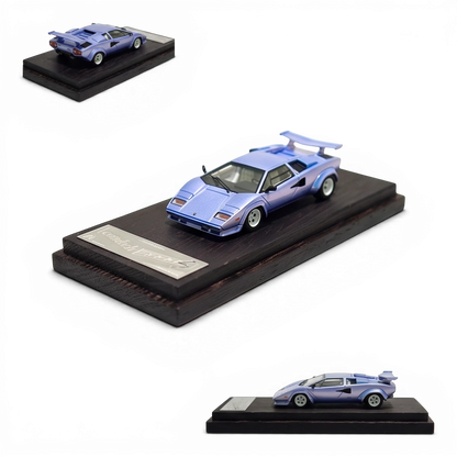 Lot57Supplies Diecast Shop DeepMaker Countach 5000S resin model car in Alba Blue on a wooden display base, 1:64 scale.