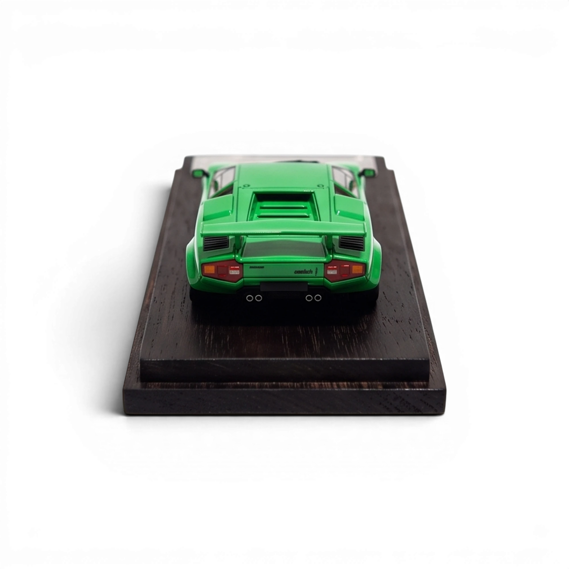Lot57Supplies Diecast Shop DeepMaker Countach 5000S 1:64 scale resin model car in Verde Medio on a wooden display base.