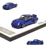 DeepMaker Singer DLS 1:64 scale blue metallic resin model car on display base.