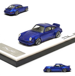 DeepMaker Singer DLS 1:64 scale blue metallic resin model car on display base.