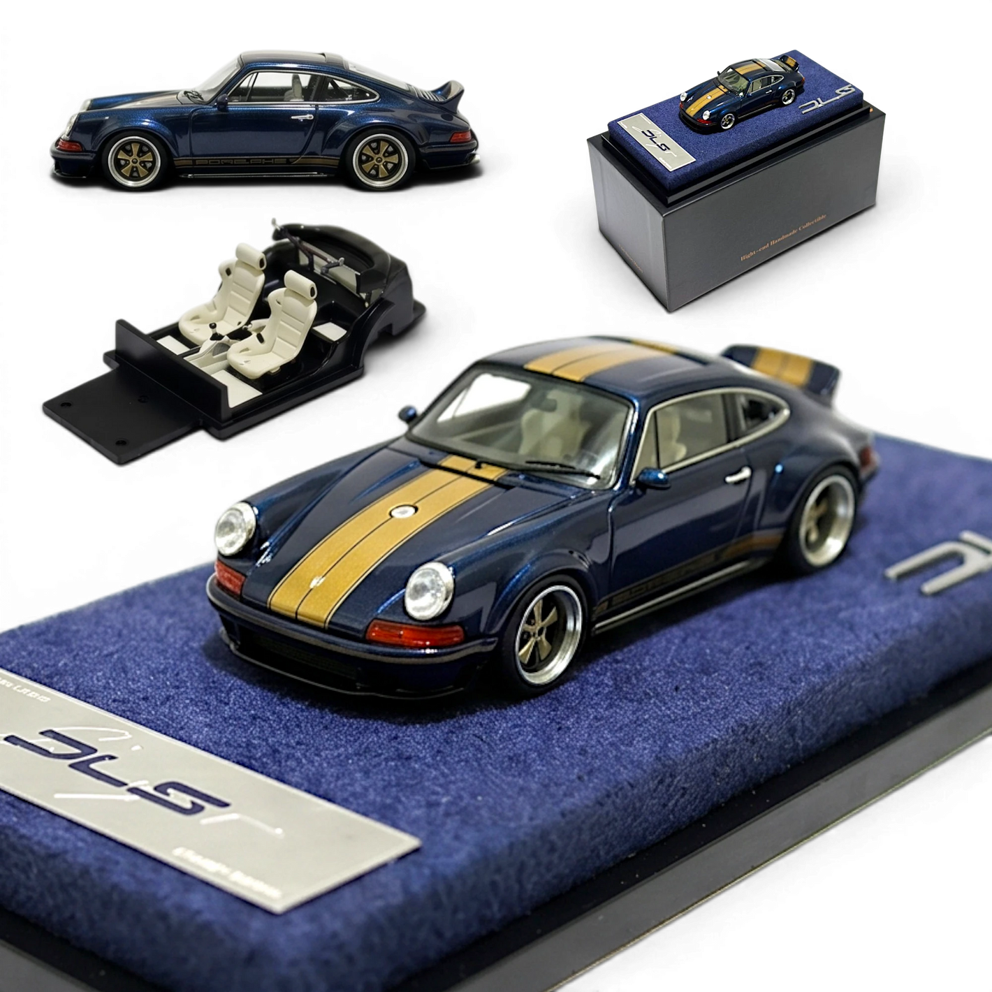 Lot57Supplies Diecast Shop Dark Blue Metallic Gold Special 1:64 DeepMaker Singer DLS resin model car with gold stripes.