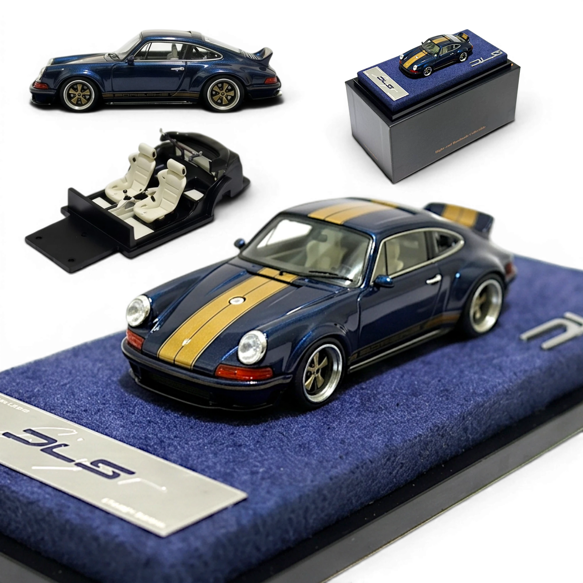 Lot57Supplies Diecast Shop Dark Blue Metallic Gold Special 1:64 DeepMaker Singer DLS resin model car with gold stripes.
