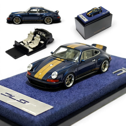 Lot57Supplies Diecast Shop Dark Blue Metallic Gold Special 1:64 DeepMaker Singer DLS resin model car with gold stripes.