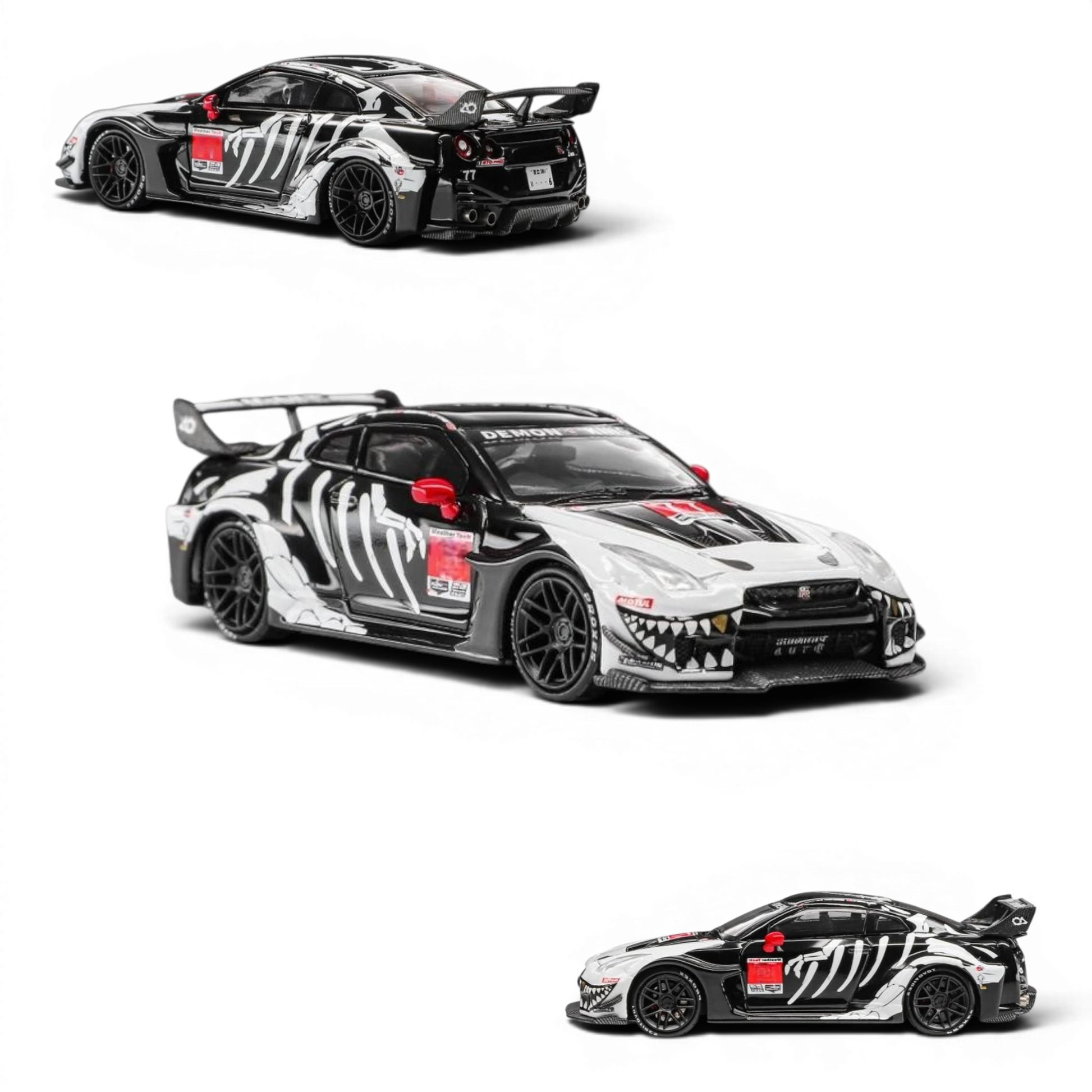 Lot57Supplies Diecast Shop 1:64 scale Demon King Auto GTR35 RR with Bone Dragon livery, black, white, and red details, openable hood.