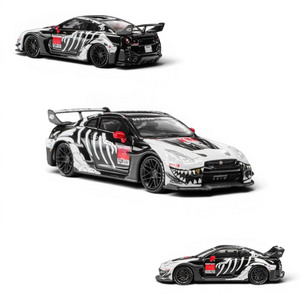 Lot57Supplies Diecast Shop 1:64 scale Demon King Auto GTR35 RR with Bone Dragon livery, black, white, and red details, openable hood.