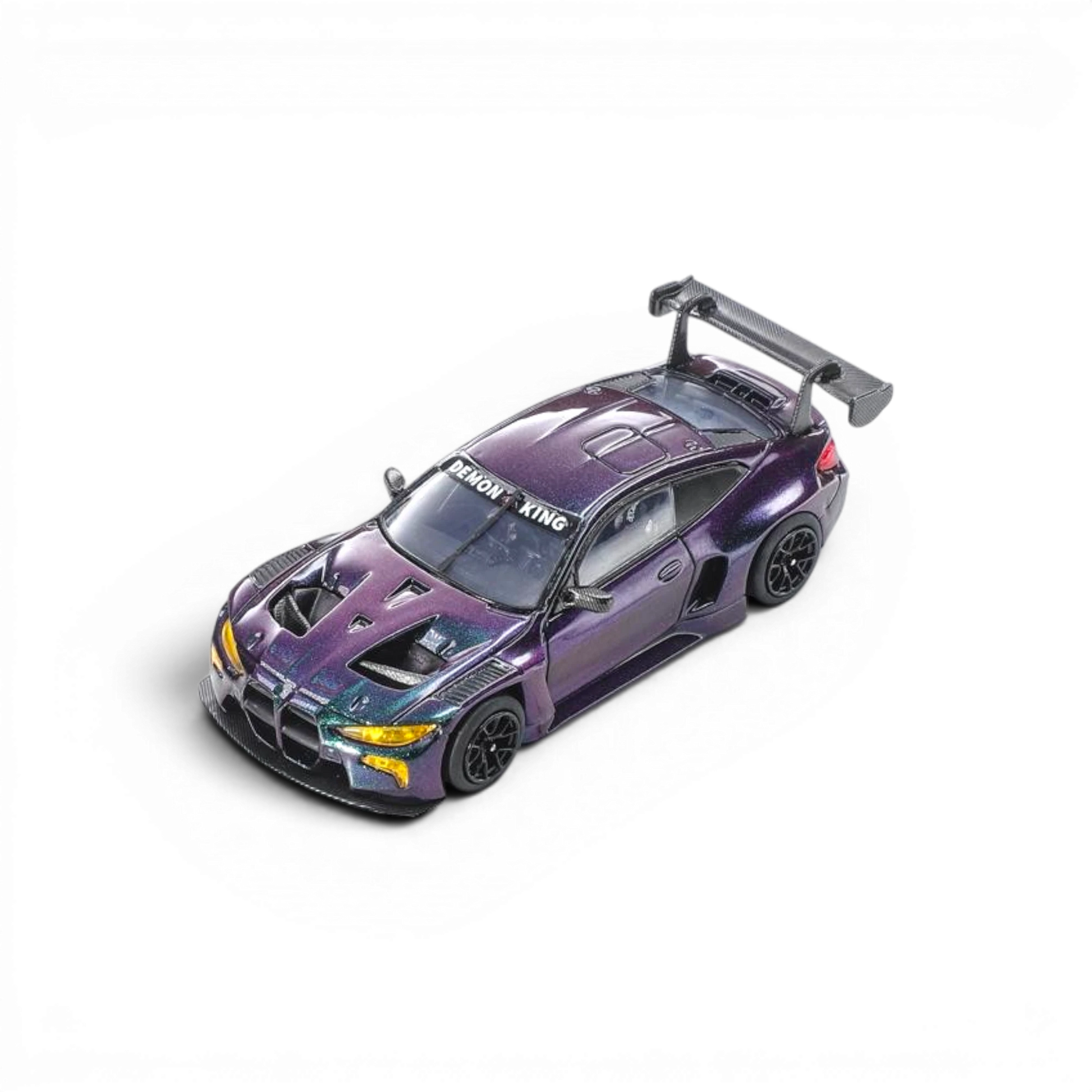 Lot57Supplies Diecast Shop Demon King Auto 1:64 scale BMW M4 GT3 diecast model car with a purple chameleon livery.