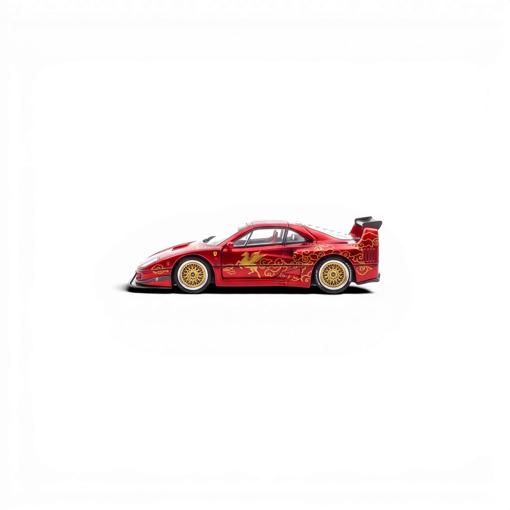 Lot57Supplies Diecast Shop Demon King Auto F40 diecast car in transparent red with gold dragon graphics, 1:64 scale.
