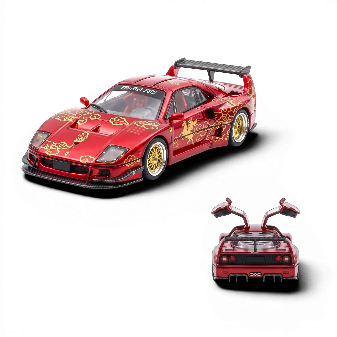 Lot57Supplies Diecast Shop Demon King Auto F40 diecast car in transparent red with gold cloud decals and gull wing doors