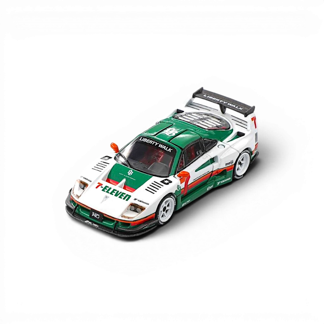 Lot57Supplies Diecast Shop Demon King Auto F40 1:64 scale diecast car in white and green 7-Eleven livery with gull-wing doors