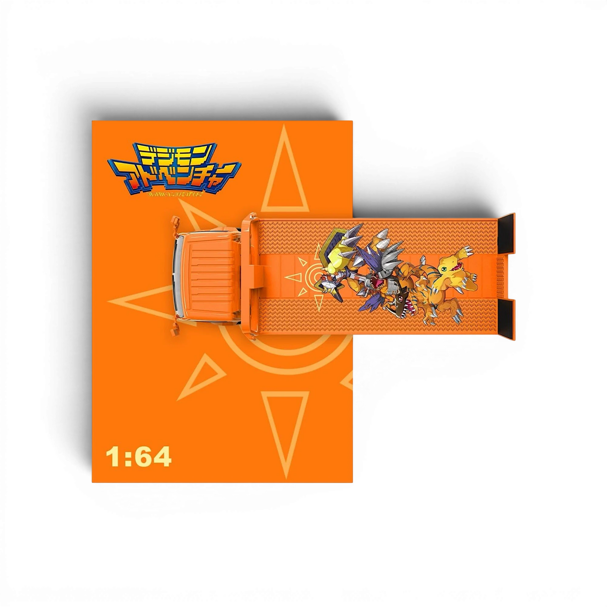 Lot57Supplies Diecast Shop CC H300 Digimon flatbed transport trailer in 1:64 scale with orange graphic design