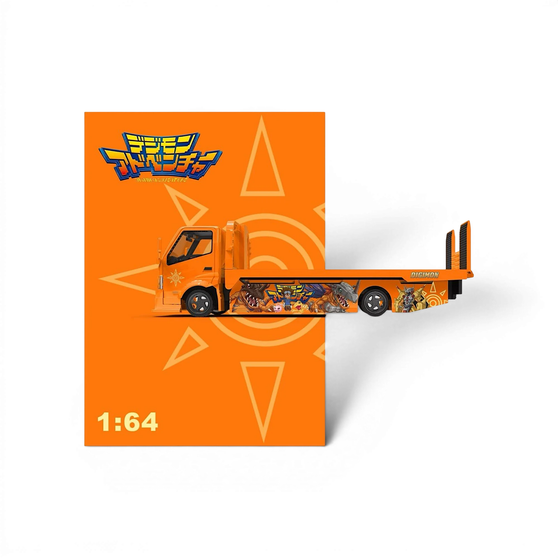 Lot57Supplies Diecast Shop CC H300 Digimon flatbed transport trailer in 1:64 scale with orange anime graphics