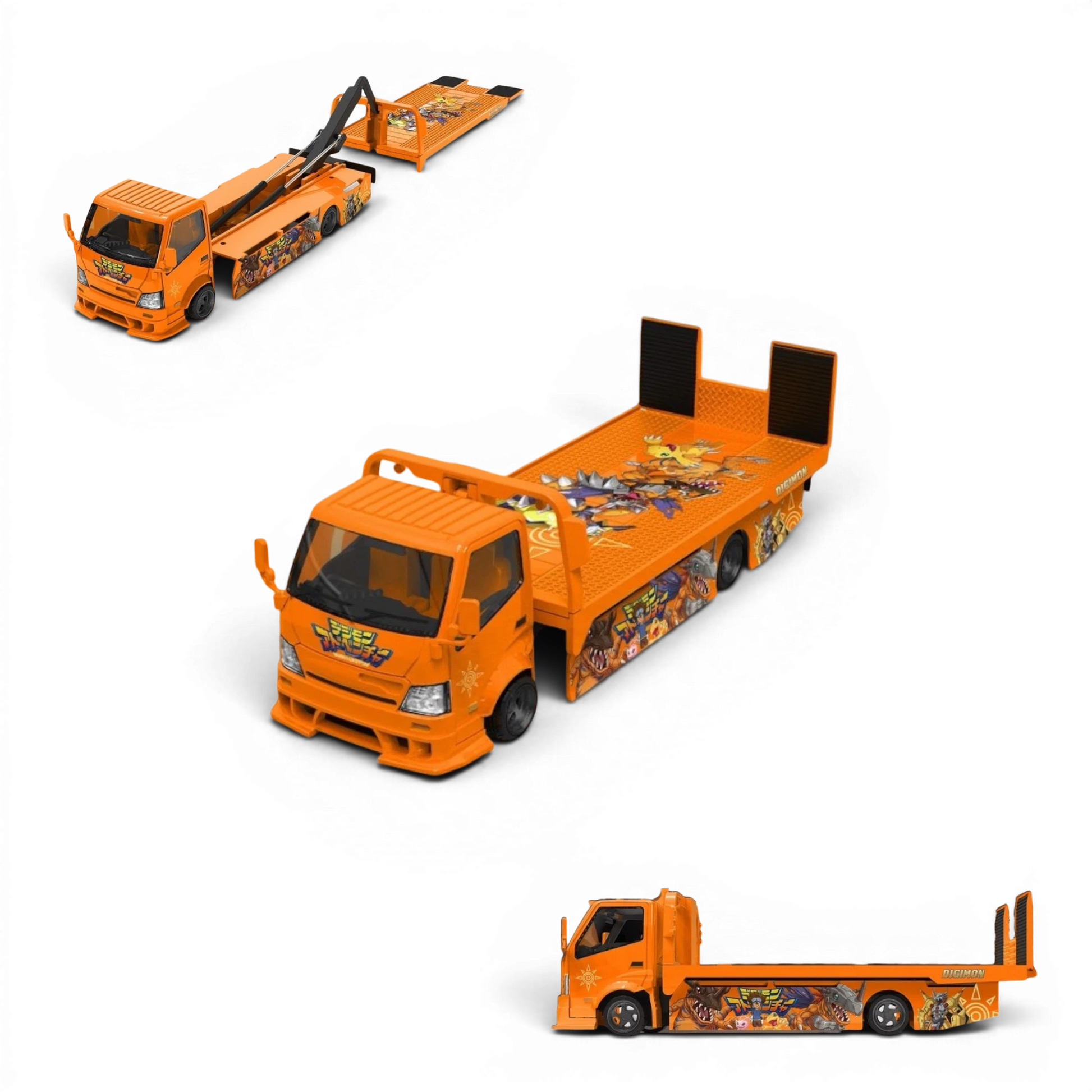 Lot57Supplies Diecast Shop CC H300 Digimon 1:64 scale diecast flatbed transport trailer in orange with character art.