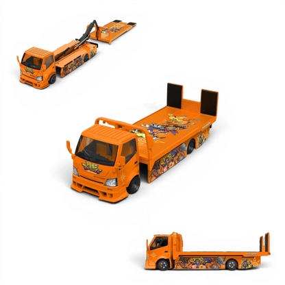 Lot57Supplies Diecast Shop CC H300 Digimon 1:64 scale diecast flatbed transport trailer in orange with character art.