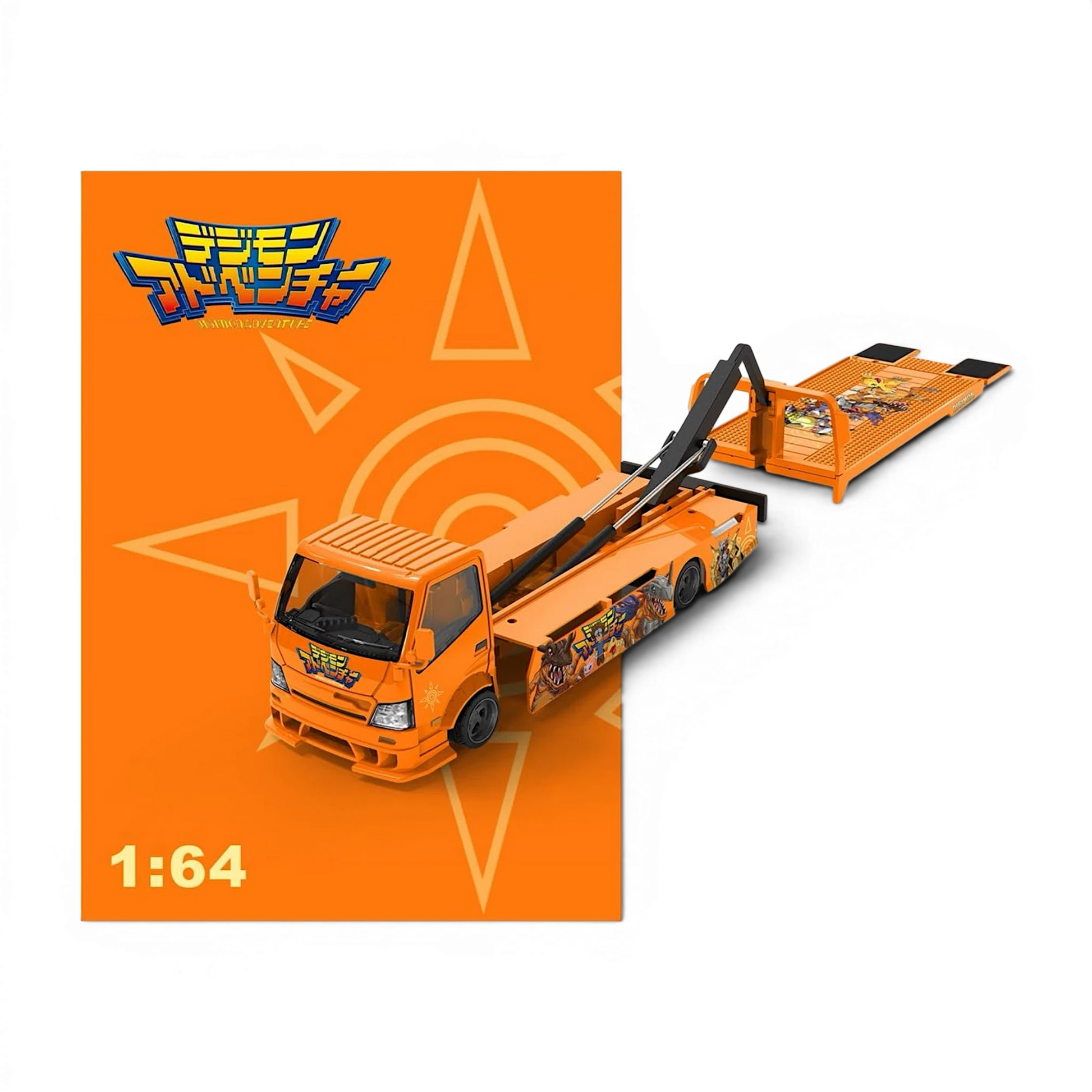 Lot57Supplies Diecast Shop CC H300 Digimon flatbed transport trailer 1:64 scale diecast model in orange