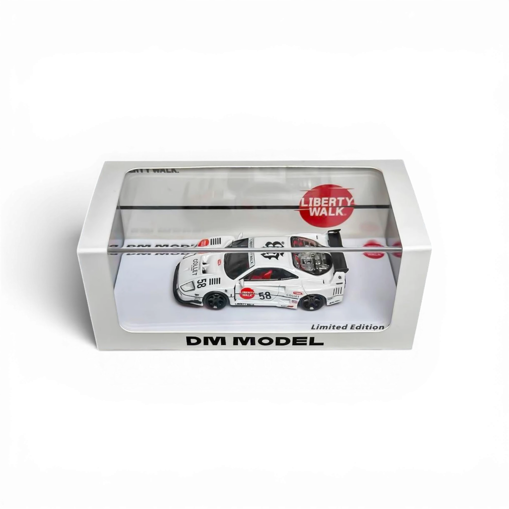 Lot57Supplies Diecast Shop DM Model Liberty Walk F40 1:64 scale diecast model in white with #58 livery and widebody kit.