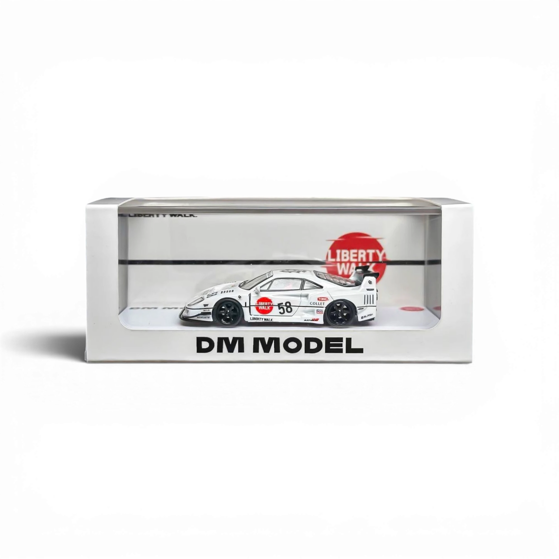 Lot57Supplies Diecast Shop DM Model Liberty Walk F40 1:64 scale diecast model car, white with black wheels and racing livery #58.
