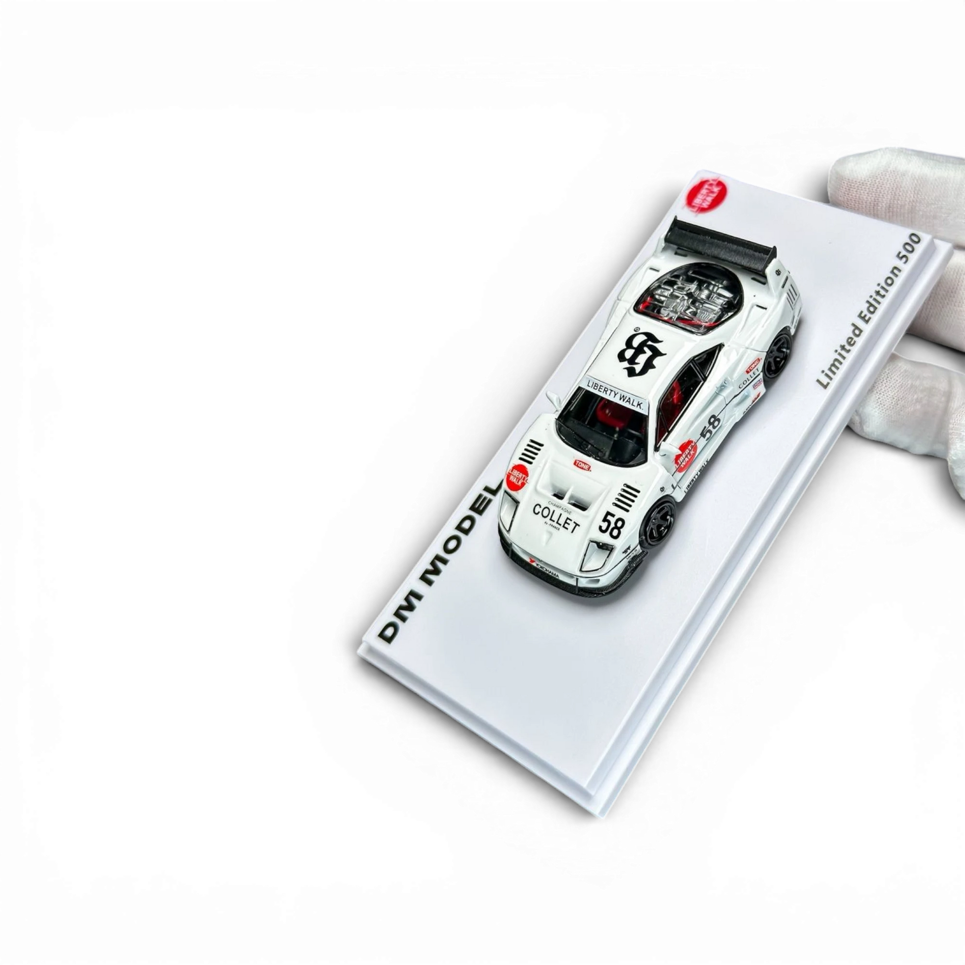 Lot57Supplies Diecast Shop white 1:64 scale DM Model Liberty Walk F40 diecast car with widebody kit and #58 livery.