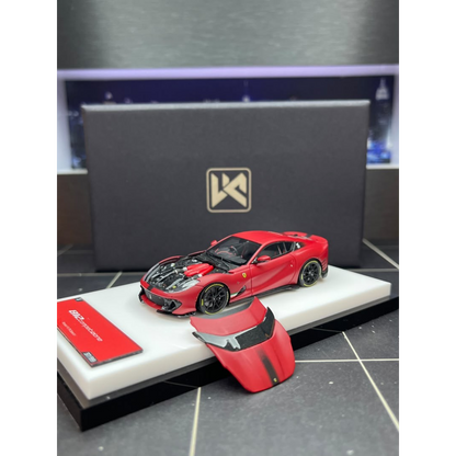Lot57Supplies Diecast Shop DMY Ferrari 812C matte red 1:64 scale model car with opening hood on display stand