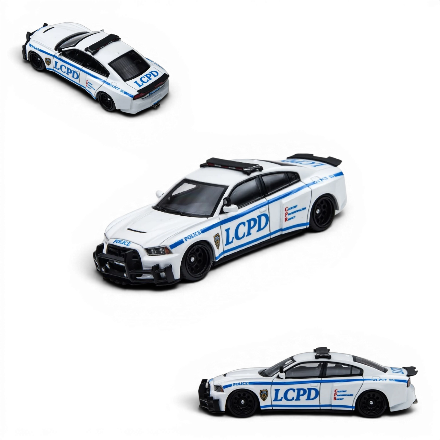 Lot57Supplies Diecast Shop TimeMicro Dodge Charger Brawler LCPD police car model in 1:64 scale with white livery