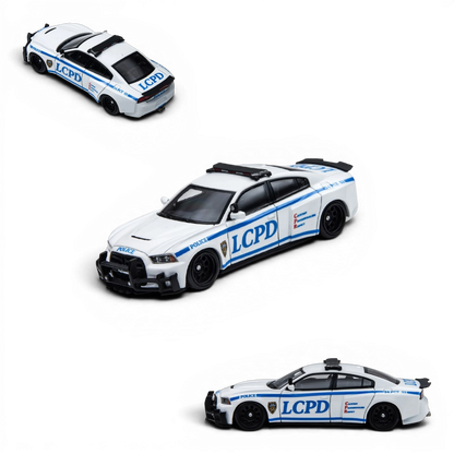 Lot57Supplies Diecast Shop TimeMicro Dodge Charger Brawler LCPD police car model in 1:64 scale with white livery