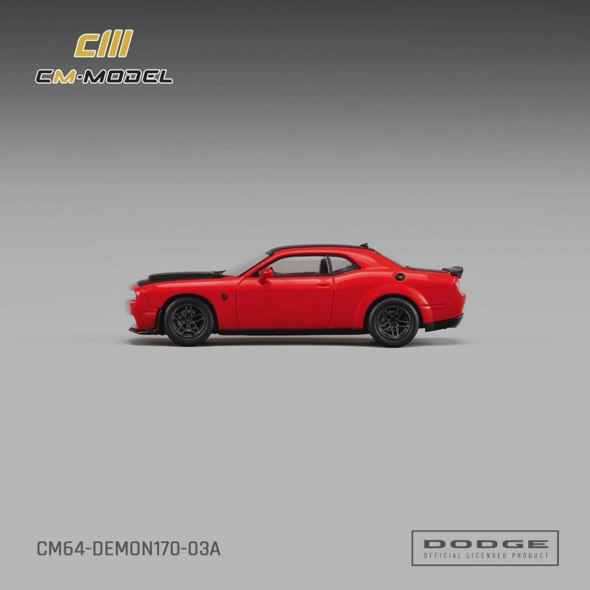 Lot57Supplies Diecast Shop CM Model 1:64 scale Dodge Demon 170 in TorRed diecast metal with black trim side view
