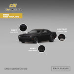 CM Model Dodge Demon 170 diecast car in matte black, 1:64 scale, featuring detailed logo, brakes, and exhaust pipe.