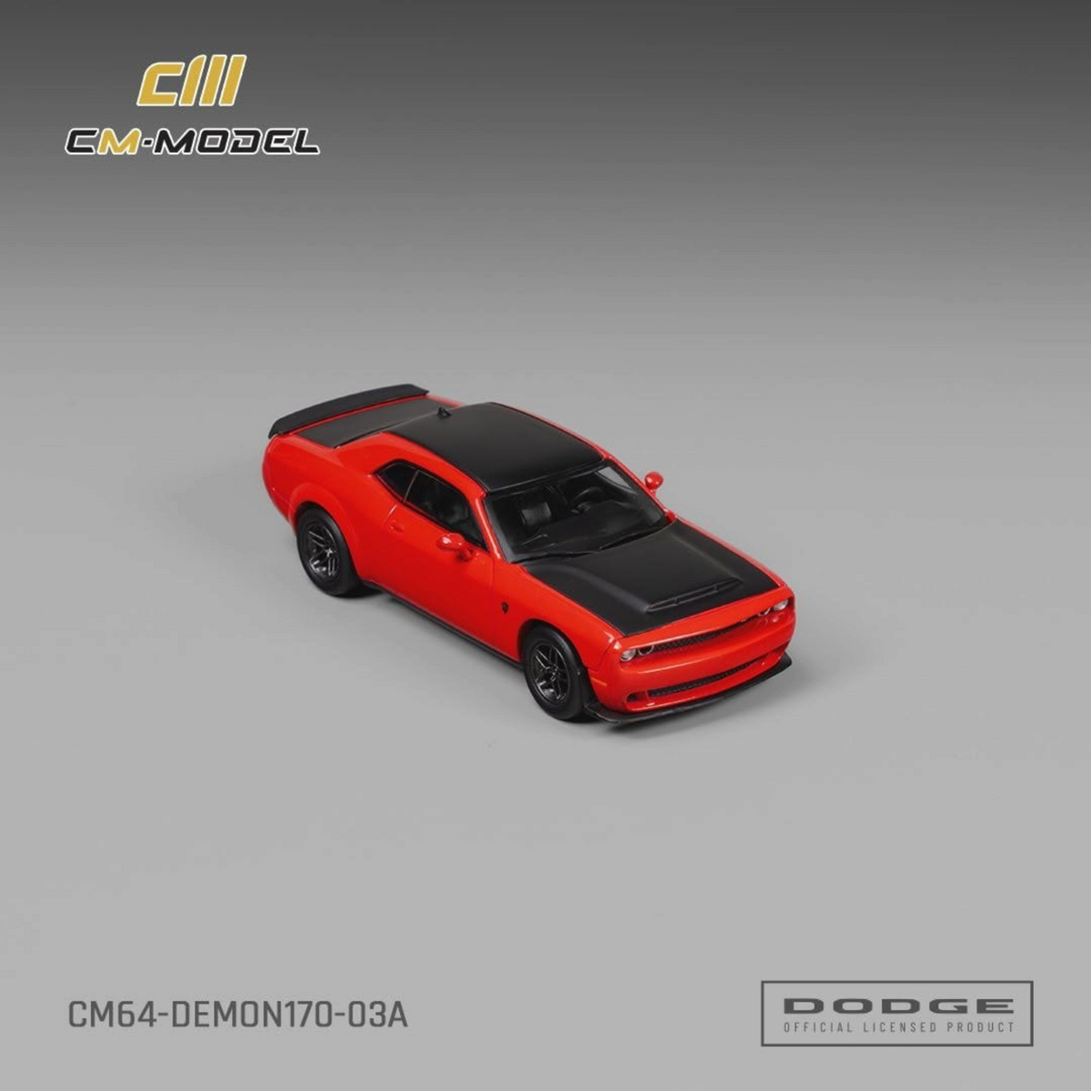 Lot57Supplies Diecast Shop CM Model 1:64 scale Dodge Demon 170 diecast car in TorRed with black hood and roof