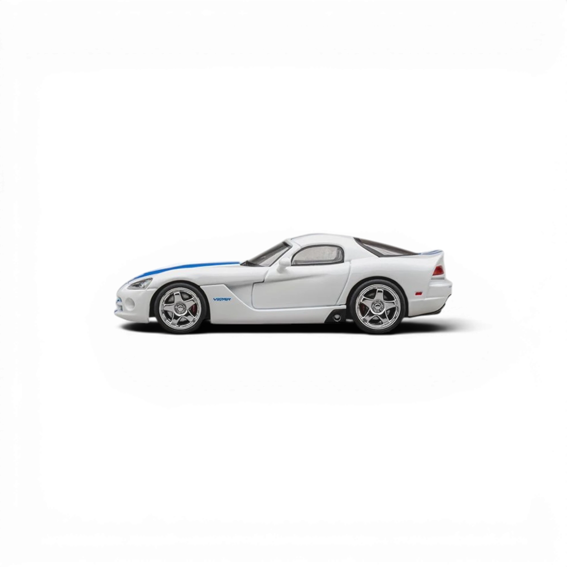 Lot57Supplies Diecast Shop 1:64 scale CM Model Dodge Viper in stone white with blue racing stripes.