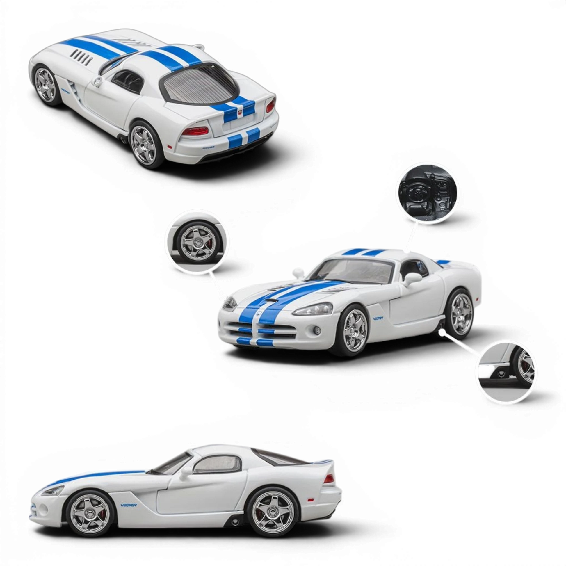 Lot57Supplies Diecast Shop 1:64 scale CM Model Dodge Viper in stone white with blue racing stripes and detailed wheels.