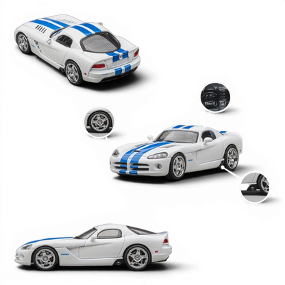 Lot57Supplies Diecast Shop 1:64 scale CM Model Dodge Viper in stone white with blue racing stripes and detailed wheels.