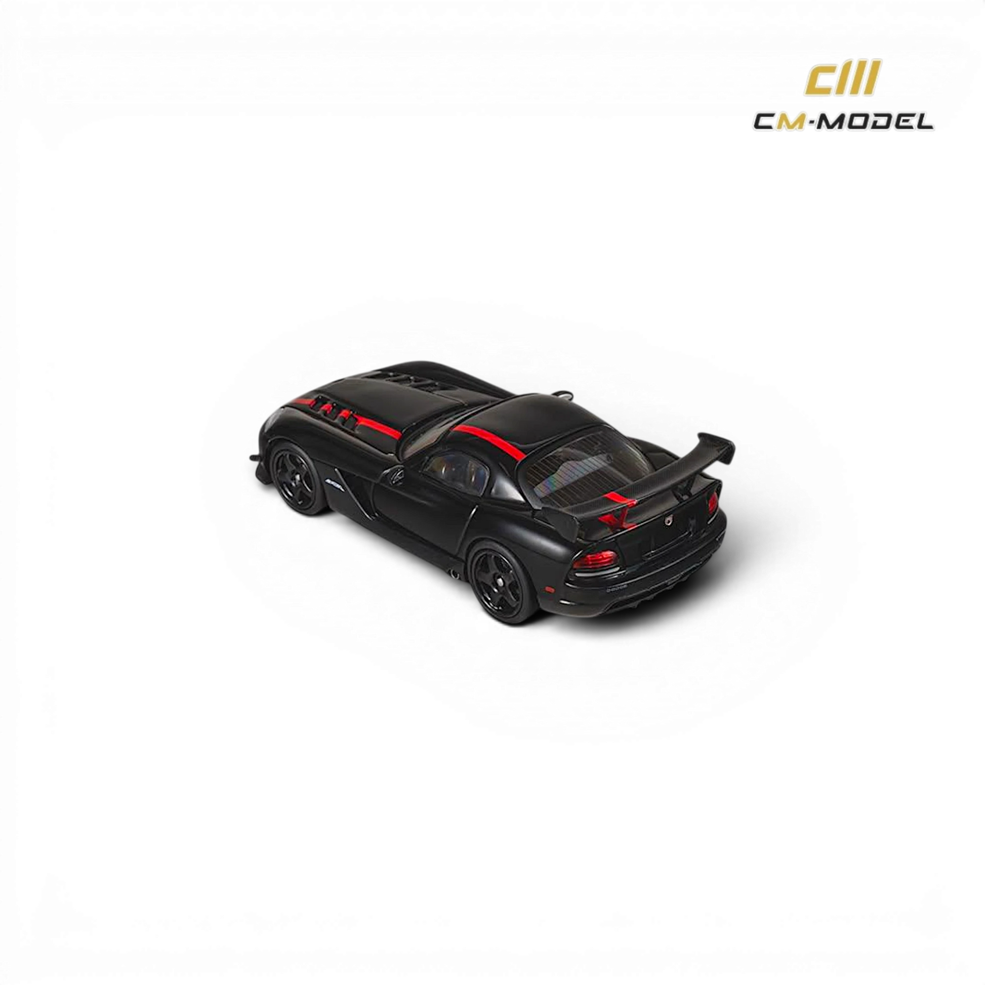 Lot57Supplies Diecast Shop 1:64 scale CM Model Dodge Viper ACR in black with red racing stripes, rear three-quarter view.