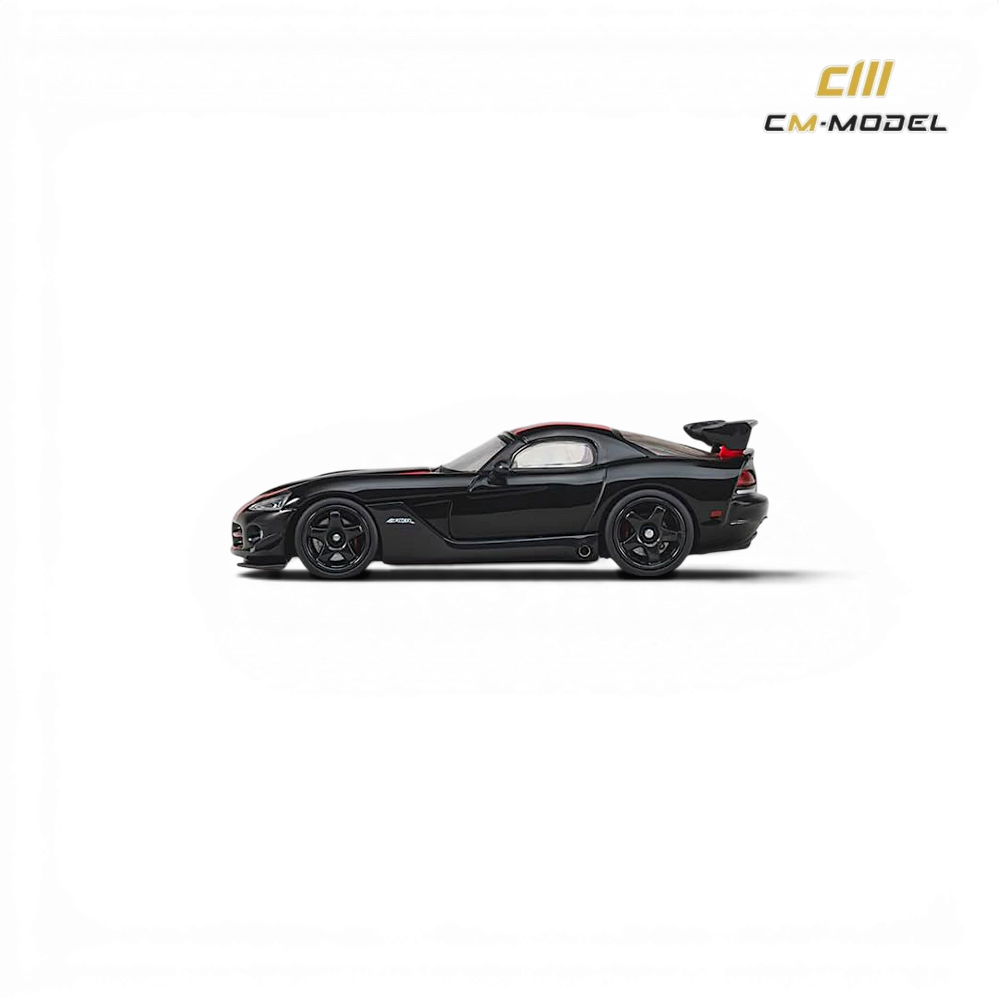 Lot57Supplies Diecast Shop 1:64 scale CM Model Dodge Viper ACR in black with red racing stripes, side profile view.