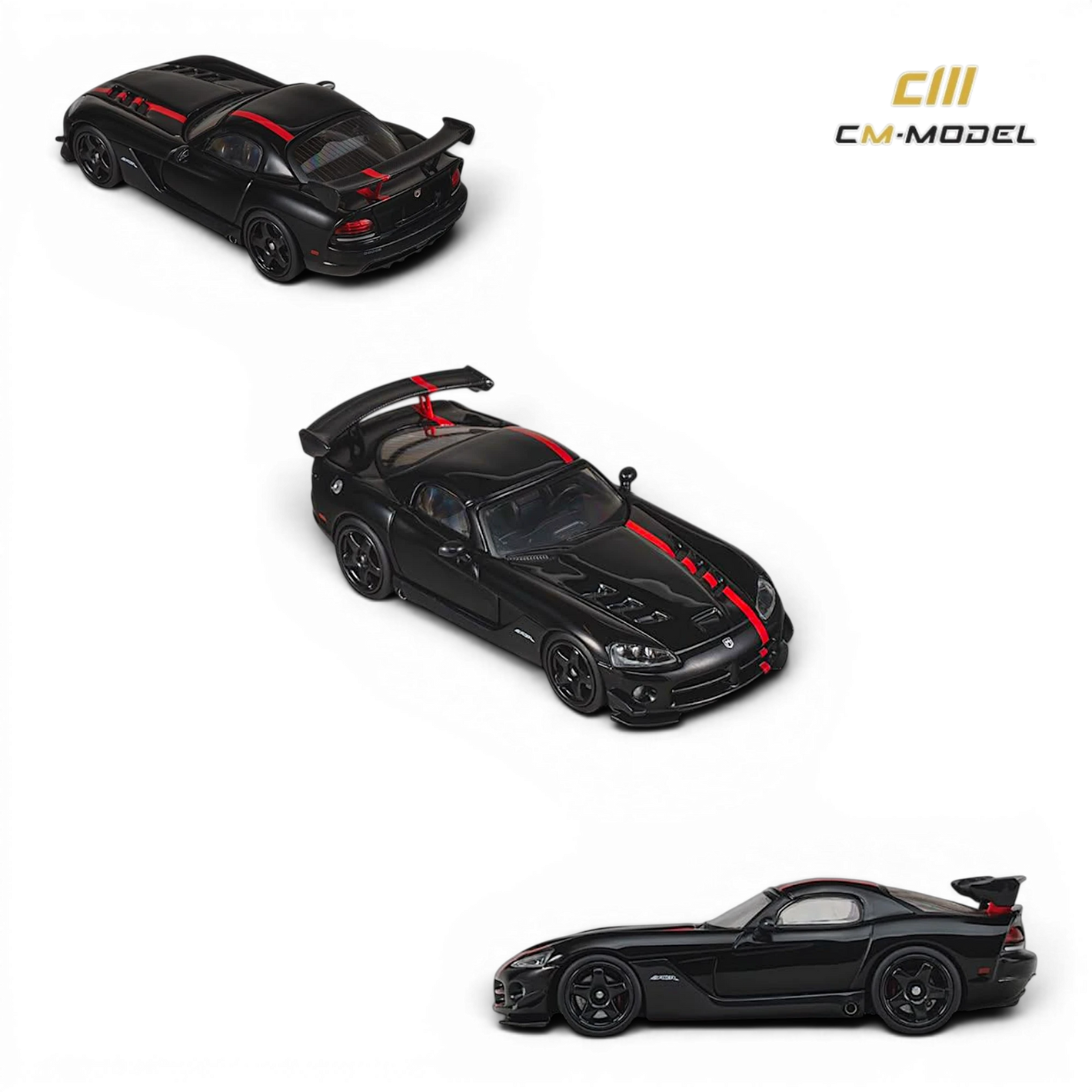 Lot57Supplies Diecast Shop 1:64 scale CM Model Dodge Viper ACR in black with red racing stripes and rear spoiler