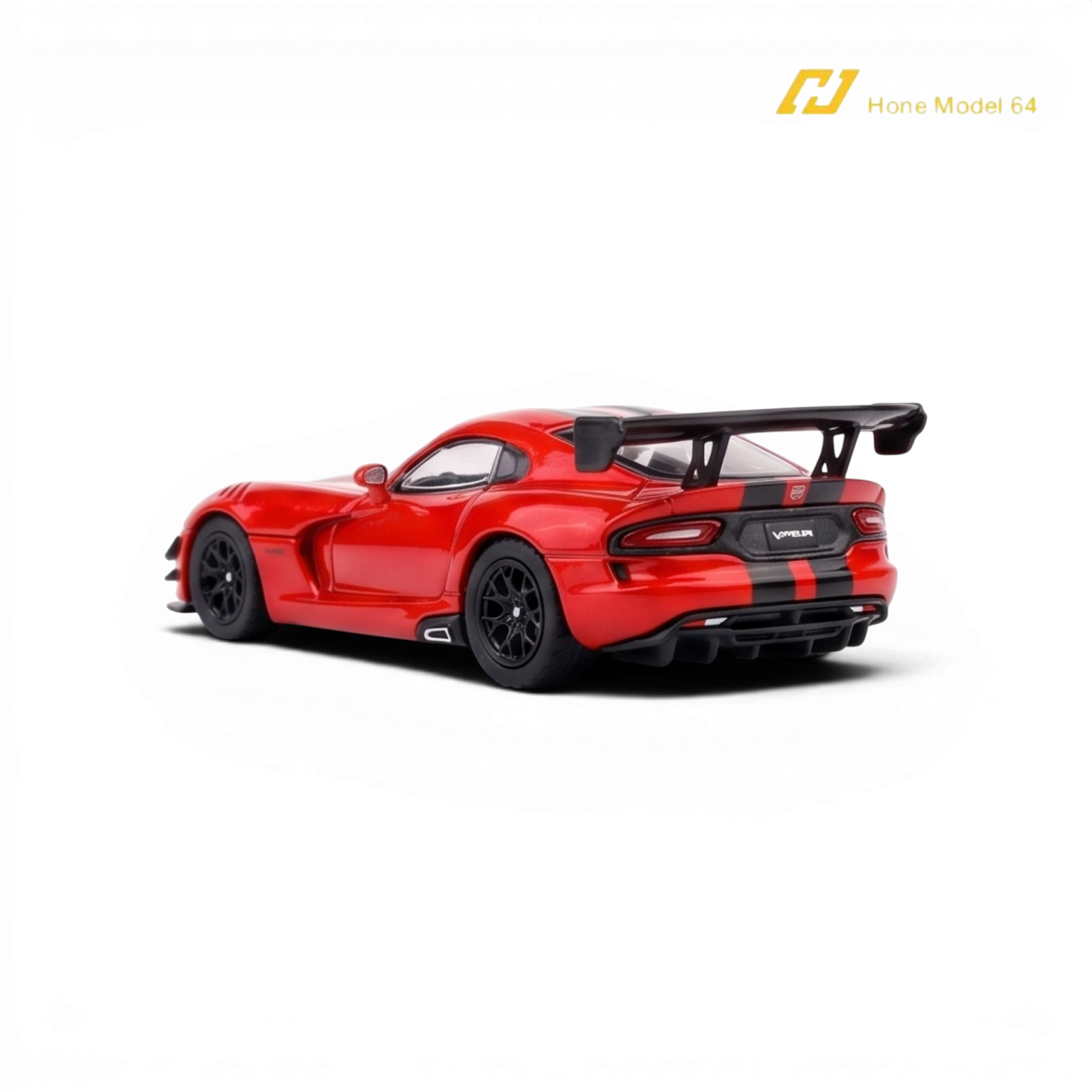 Lot57Supplies Diecast Shop transparent red 1:64 scale diecast Dodge Viper ACR with black racing stripes and large rear spoiler.