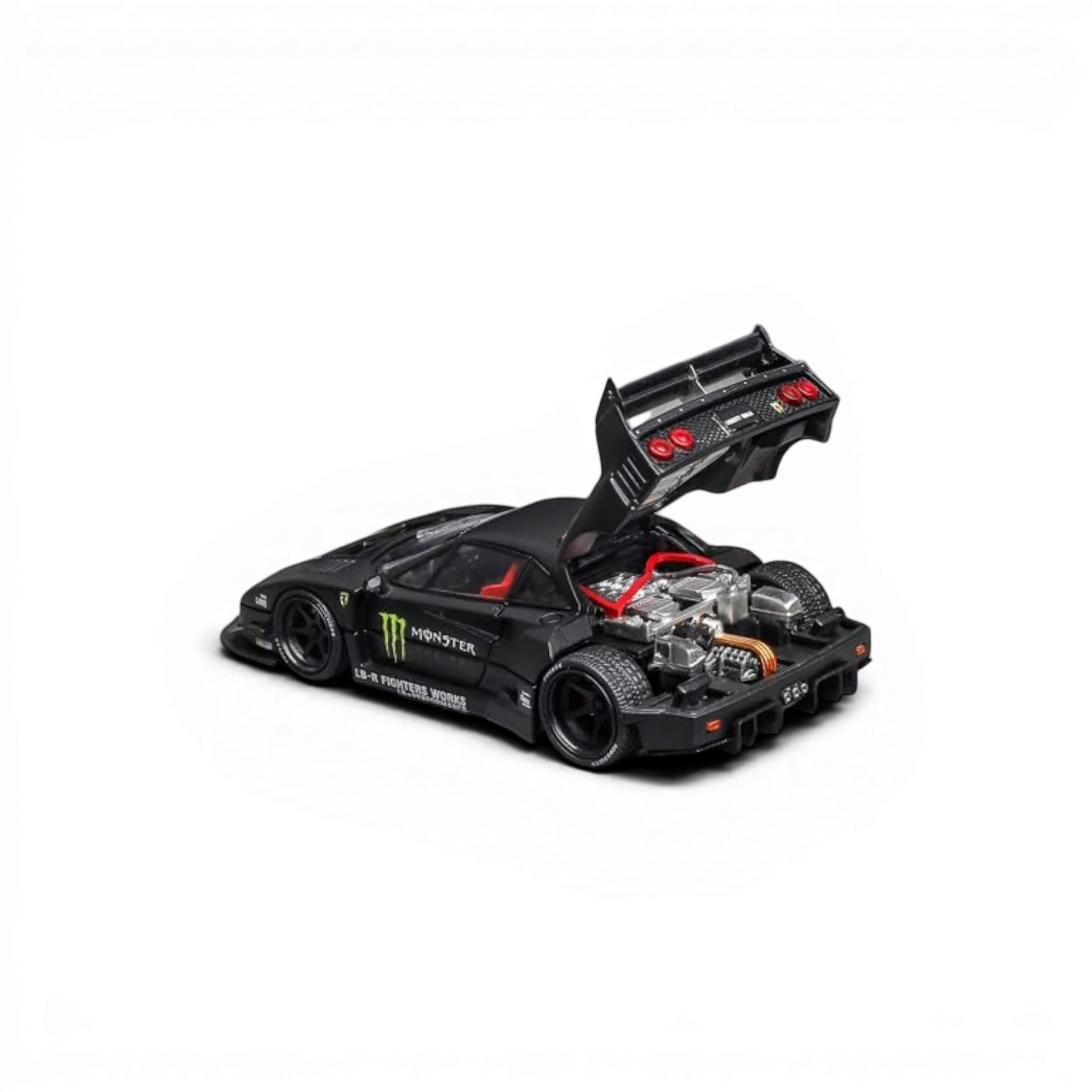 Lot57Supplies Diecast Shop Star Models 1:64 scale black Monster Energy F40 LB-Works diecast car with open engine bay