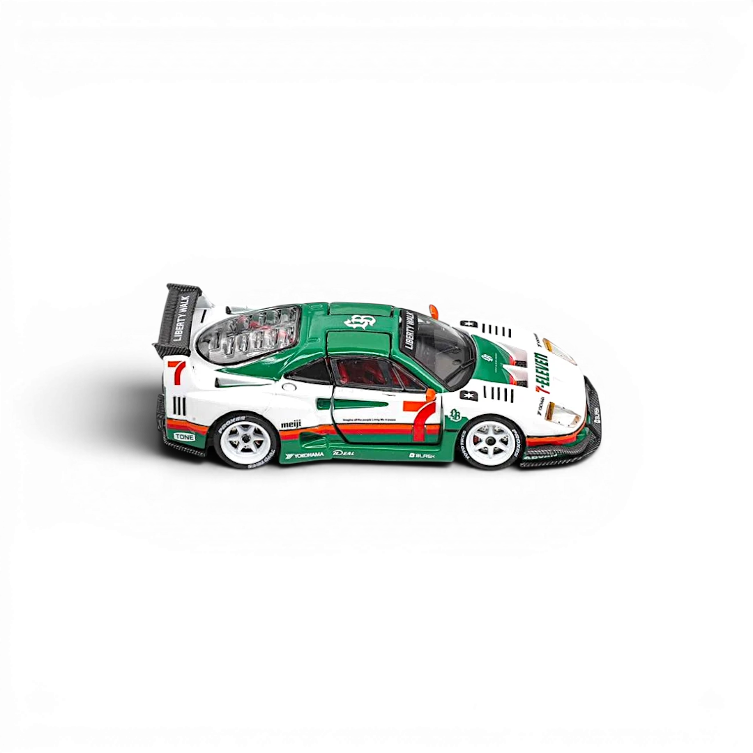 Lot57Supplies Diecast Shop Demon King Auto F40 diecast model car in 7-Eleven white and green livery with gull wing door