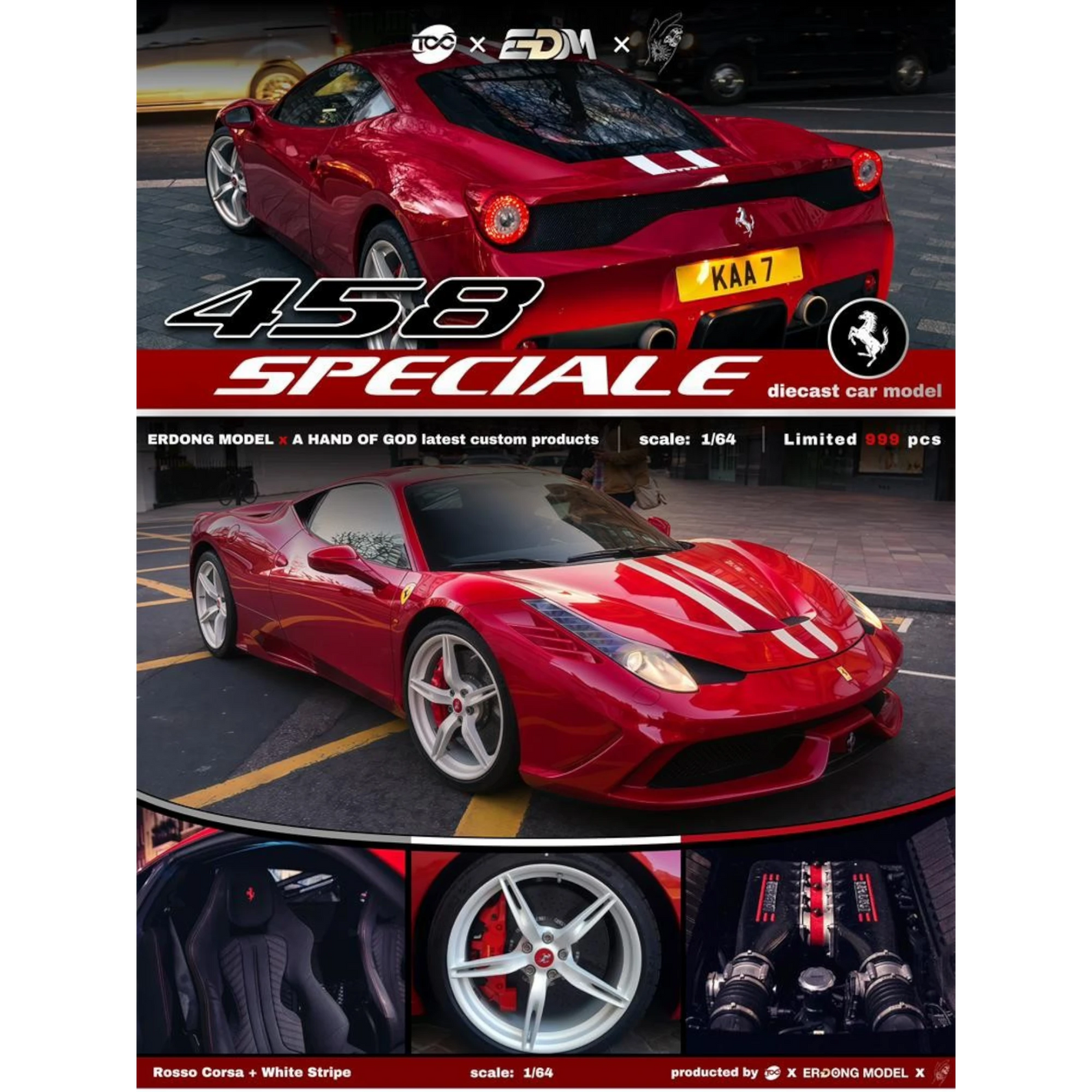 Lot57Supplies Diecast Shop 1:64 scale Ferrari 458 diecast model in Rosso Corsa red with a white racing stripe